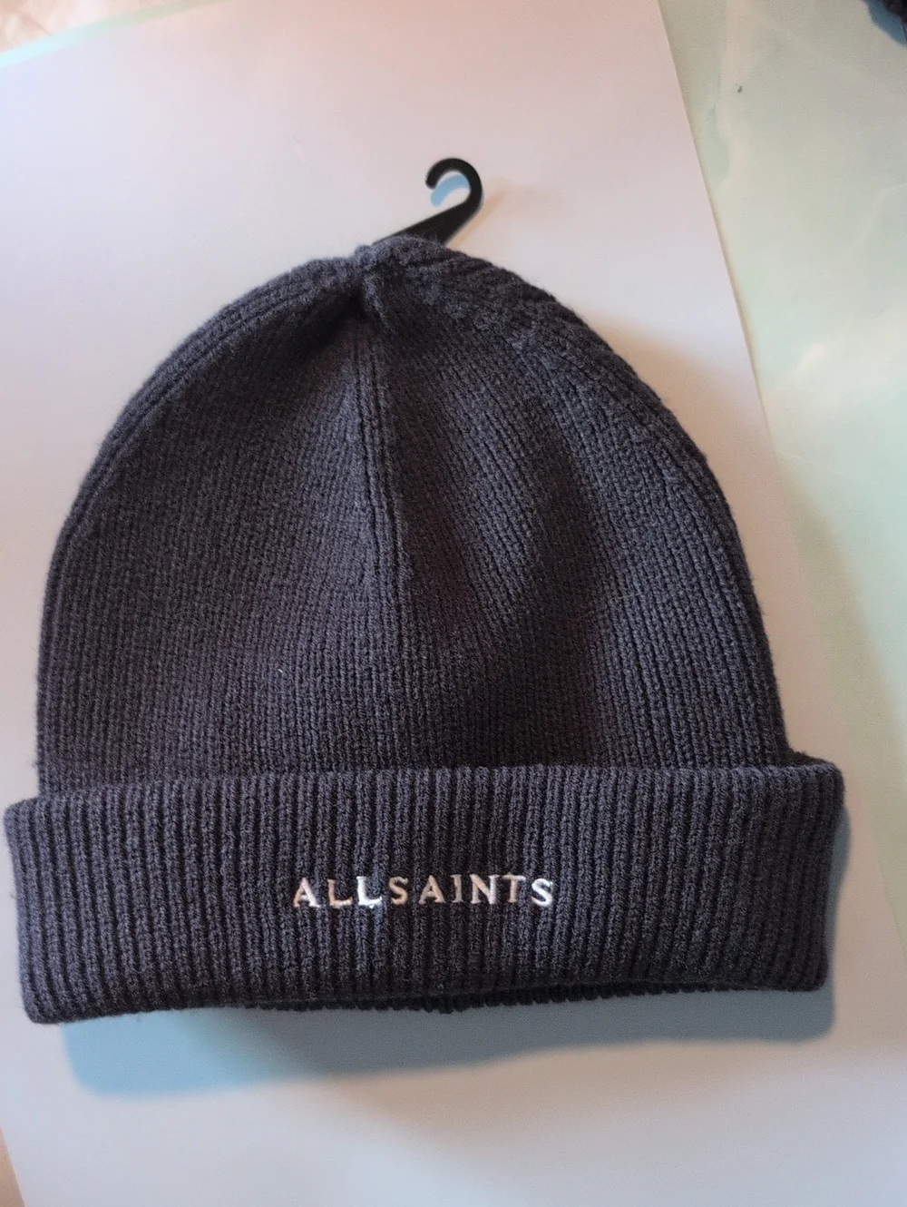 All Saints Charcoal Ribbed Knit Beanie with Embroidered Logo